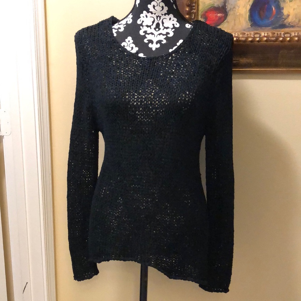 B Sharp rounded hi lo hem long sleeves semi sheer stretchy knit sweater
